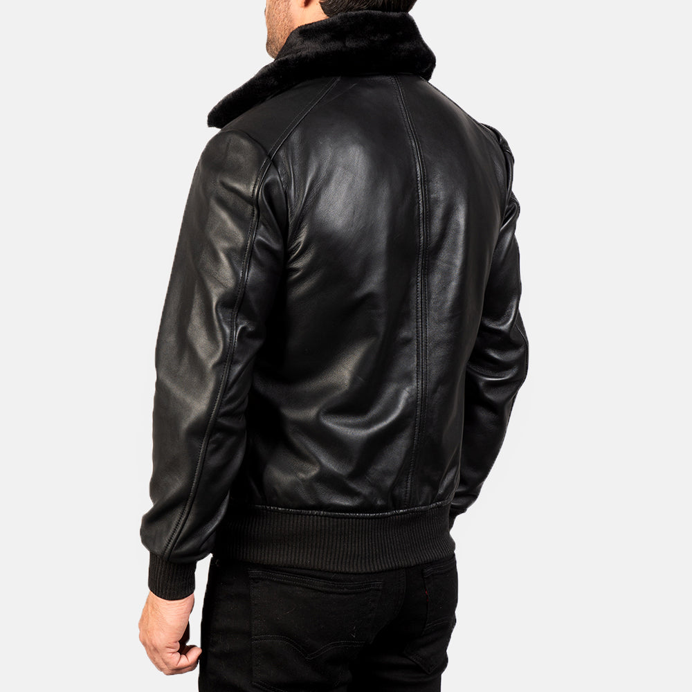 Classic Black Leather Bomber Jacket