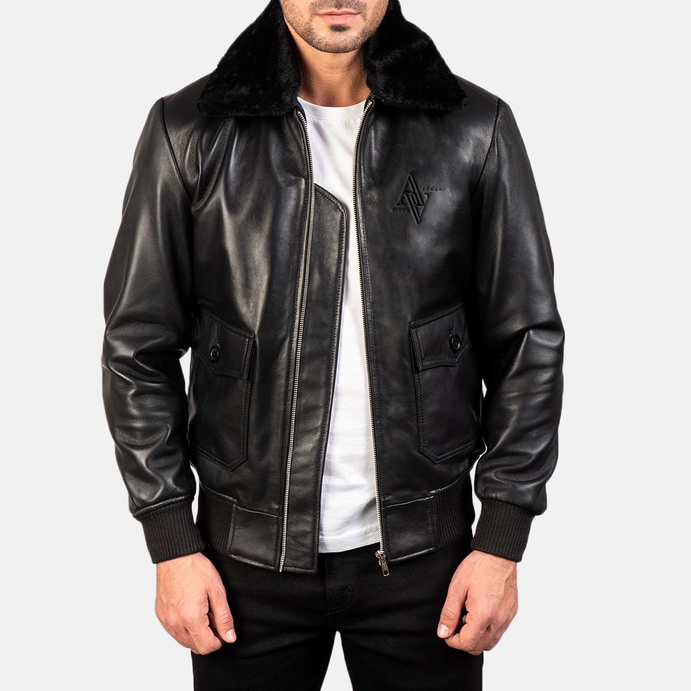 Classic Black Leather Bomber Jacket