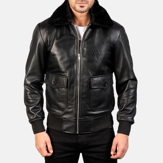 Classic Black Leather Bomber Jacket