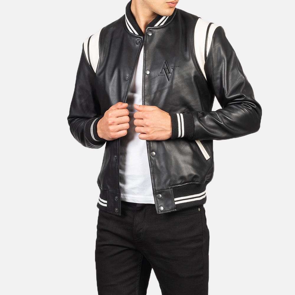 Elegant black leather varsity jacket