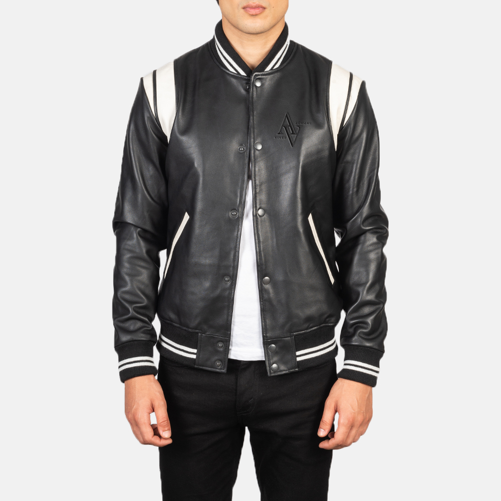 Elegant black leather varsity jacket