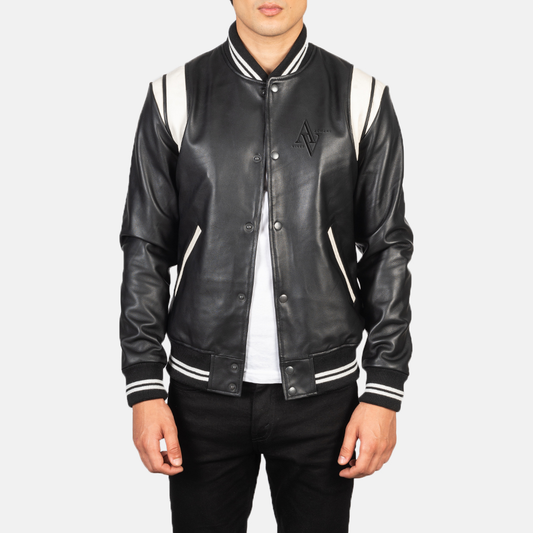Elegant black leather varsity jacket