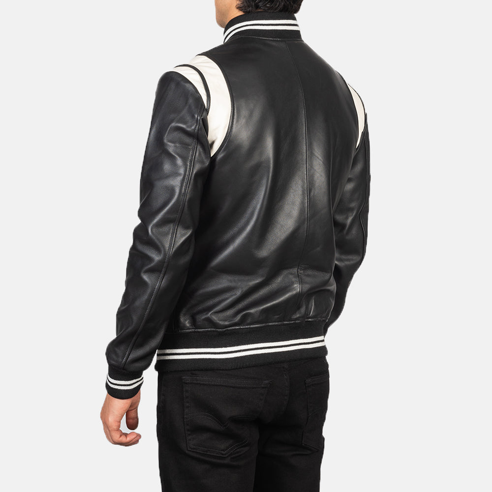 Elegant black leather varsity jacket
